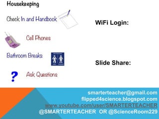 smarterteacher@gmail.com
flipped4science.blogspot.com
www.youtube.com/user/SMARTERTEACHER
@SMARTERTEACHER OR @ScienceRoom229
WiFi Login:
Slide Share:
 