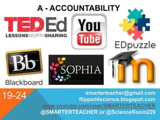 19-24
A - ACCOUNTABILITY
smarterteacher@gmail.com
flipped4science.blogspot.com
www.youtube.com/user/SMARTERTEACHER
@SMARTERTEACHER or @ScienceRoom229
 