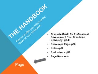 • Graduate Credit for Professional
Development from Brandman
University pD-E
• Resources Page -p80
• Notes -p82
• Evaluation – p89
• Page Notations
Page
 