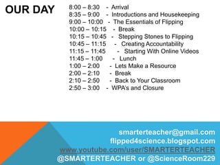 OUR DAY 8:00 – 8:30 - Arrival
8:35 – 9:00 - Introductions and Housekeeping
9:00 – 10:00 - The Essentials of Flipping
10:00 – 10:15 - Break
10:15 – 10:45 - Stepping Stones to Flipping
10:45 – 11:15 - Creating Accountability
11:15 – 11:45 - Starting With Online Videos
11:45 – 1:00 - Lunch
1:00 – 2:00 - Lets Make a Resource
2:00 – 2:10 - Break
2:10 – 2:50 - Back to Your Classroom
2:50 – 3:00 - WPA’s and Closure
smarterteacher@gmail.com
flipped4science.blogspot.com
www.youtube.com/user/SMARTERTEACHER
@SMARTERTEACHER or @ScienceRoom229
 