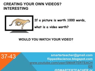 CREATING YOUR OWN VIDEOS?
INTERESTING
37-43
WOULD YOU WATCH YOUR VIDEO?
smarterteacher@gmail.com
flipped4science.blogspot.com
www.youtube.com/user/SMARTERTEACH
ER
 