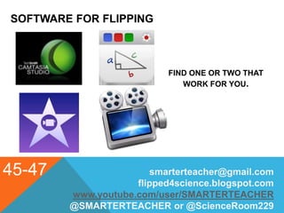 SOFTWARE FOR FLIPPING
45-47 smarterteacher@gmail.com
flipped4science.blogspot.com
www.youtube.com/user/SMARTERTEACHER
@SMARTERTEACHER or @ScienceRoom229
FIND ONE OR TWO THAT
WORK FOR YOU.
 