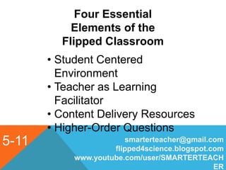 5-11
Four Essential
Elements of the
Flipped Classroom
• Student Centered
Environment
• Teacher as Learning
Facilitator
• Content Delivery Resources
• Higher-Order Questions
smarterteacher@gmail.com
flipped4science.blogspot.com
www.youtube.com/user/SMARTERTEACH
ER
 