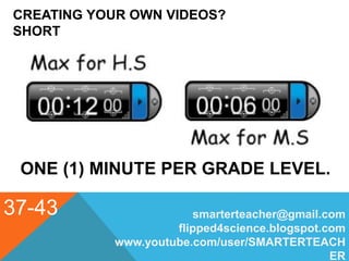 CREATING YOUR OWN VIDEOS?
SHORT
37-43
ONE (1) MINUTE PER GRADE LEVEL.
smarterteacher@gmail.com
flipped4science.blogspot.com
www.youtube.com/user/SMARTERTEACH
ER
 