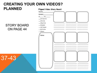 CREATING YOUR OWN VIDEOS?
PLANNED
37-43
STORY BOARD
ON PAGE 44
 
