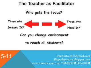 5-11
The Teacher as Facilitator
smarterteacher@gmail.com
flipped4science.blogspot.com
www.youtube.com/user/SMARTERTEACHER
 
