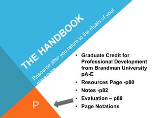• Graduate Credit for
Professional Development
from Brandman University
pA-E
• Resources Page -p80
• Notes -p82
• Evaluation – p89
• Page NotationsP
 