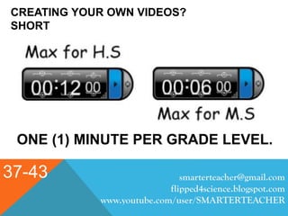 CREATING YOUR OWN VIDEOS?
SHORT
37-43
ONE (1) MINUTE PER GRADE LEVEL.
smarterteacher@gmail.com
flipped4science.blogspot.com
www.youtube.com/user/SMARTERTEACHER
 