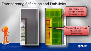 Proprietary - Company Confidential ©2014 FLIR Systems Inc.
Information and equipment described herein may require US Government authorization for export purposes. Diversion contrary to US law is
prohibited.
Transparency, Reflection and Emissivity
Can I really see
through the wall?
(Transparency)
Why can’t I see through
the window?
(Reflection)
 