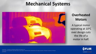 Proprietary - Company Confidential ©2014 FLIR Systems Inc.
Information and equipment described herein may require US Government authorization for export purposes. Diversion contrary to US law is
prohibited.
A typical motor
operating at 10oC
over design cuts
the life of a
motor in half.
Overheated
Motors
Mechanical Systems
 