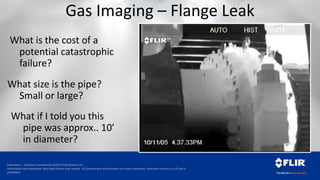 Proprietary - Company Confidential ©2014 FLIR Systems Inc.
Information and equipment described herein may require US Government authorization for export purposes. Diversion contrary to US law is
prohibited.
What is the cost of a
potential catastrophic
failure?
Gas Imaging – Flange Leak
What size is the pipe?
Small or large?
What if I told you this
pipe was approx.. 10’
in diameter?
 