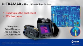 Proprietary - Company Confidential ©2014 FLIR Systems Inc.
Information and equipment described herein may require US Government authorization for export purposes. Diversion contrary to US law is
prohibited.
ULTRAMAX – The Ultimate Resolution
• Quadruples the pixel count
• 50% less noise
Transforms
640x480 images
into eye-popping
1280x960 images
 