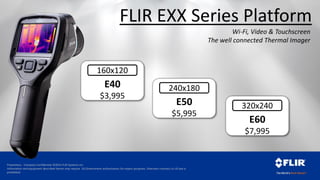 Proprietary - Company Confidential ©2014 FLIR Systems Inc.
Information and equipment described herein may require US Government authorization for export purposes. Diversion contrary to US law is
prohibited.
E40
$3,995
160x120
E50
$5,995
240x180
E60
$7,995
320x240
Wi-Fi, Video & Touchscreen
The well connected Thermal Imager
FLIR EXX Series Platform
 