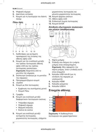 EL-GR Ελληνικά
5. Ψηφιακή κάμερα χειροκίνητης λειτουργίας και
6. Δακτύλιος εστίασης μέγιστα χειροκίνητης λειτουργίας.
7. Κουμπί για τη λειτουργία του δείκτη 10. Κουμπί αρχείου εικόνων
λέιζερ 11. Οθόνη αφής LCD
12. Ενδεικτική λυχνία λειτουργίας
Πίσω όψη
13. Κουμπί On/Off
Σύνδεση εξωτερικών συσκευών
και μέσων αποθήκευσης
1. Αισθητήρας για αυτόματη
προσαρμογή της έντασης της
οθόνης αφής LCD
1. Κάρτα μνήμης
2. Κουμπί για την εναλλαγή μεταξύ
2. Ένδειξη που δείχνει ότι η κάρτα
του τρόπου λειτουργίας οθόνης
μνήμης είναι απασχολημένη.
αφής LCD και του τρόπου
Σημείωση: Μην αφαιρείτε την
λειτουργίας σκοπεύτρου.
κάρτα μνήμης, όταν η ένδειξη αυτή
Σημείωση: Εξαρτάται από το
είναι αναμμένη
μοντέλο της κάμερας.
3. Καλώδιο USB mini-B (για τη
3. Σκόπευτρο (ανάλογα με το μοντέλο
σύνδεση της κάμερας με
της κάμερας)
υπολογιστή)
4. Προγραμματιζόμενο κουμπί
4. Καλώδιο HDMI
5. Joystick
5. Καλώδιο ρεύματος
6. Κουμπί με δύο λειτουργίες:
6. Καλώδιο USB-Α
• Εμφάνιση του συστήματος μενού
Στοιχεία οθόνης• Κουμπί Πίσω
7. Γραφίδα
8. Κουμπί για εναλλαγή μεταξύ
διαφορετικών λειτουργιών εικόνας:
• Υπέρυθρη κάμερα
• Ψηφιακή κάμερα
• Θερμική σύζευξη
• Εικόνα σε εικόνα
9. Κουμπί για εναλλαγή μεταξύ Σημείωση: Η διαθεσιμότητα
αυτόματης λειτουργίας, λειτουργιών και χαρακτηριστικών
χειροκίνητης λειτουργίας, ελάχιστα
20
actoolsupply.com
actoolsupply.com
 