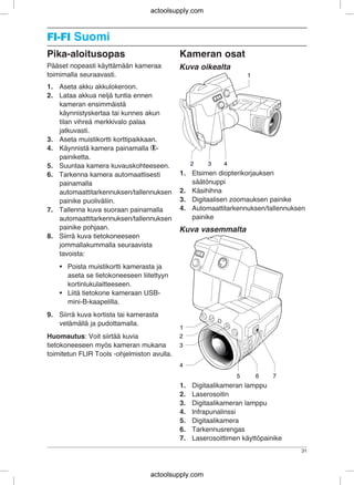 FI-FIFI-FI Suomi
Pika-aloitusopas Kameran osat
Pääset nopeasti käyttämään kameraa Kuva oikealta
toimimalla seuraavasti.
1. Aseta akku akkulokeroon.
2. Lataa akkua neljä tuntia ennen
kameran ensimmäistä
käynnistyskertaa tai kunnes akun
tilan vihreä merkkivalo palaa
jatkuvasti.
3. Aseta muistikortti korttipaikkaan.
4. Käynnistä kamera painamalla -
painiketta.
5. Suuntaa kamera kuvauskohteeseen.
1. Etsimen diopterikorjauksen6. Tarkenna kamera automaattisesti
säätönuppipainamalla
2. Käsihihnaautomaattitarkennuksen/tallennuksen
3. Digitaalisen zoomauksen painikepainike puoliväliin.
4. Automaattitarkennuksen/tallennuksen7. Tallenna kuva suoraan painamalla
painikeautomaattitarkennuksen/tallennuksen
painike pohjaan. Kuva vasemmalta
8. Siirrä kuva tietokoneeseen
jommallakummalla seuraavista
tavoista:
• Poista muistikortti kamerasta ja
aseta se tietokoneeseen liitettyyn
kortinlukulaitteeseen.
• Liitä tietokone kameraan USB-
mini-B-kaapelilla.
9. Siirrä kuva kortista tai kamerasta
vetämällä ja pudottamalla.
Huomautus: Voit siirtää kuvia
tietokoneeseen myös kameran mukana
toimitetun FLIR Tools -ohjelmiston avulla.
1. Digitaalikameran lamppu
2. Laserosoitin
3. Digitaalikameran lamppu
4. Infrapunalinssi
5. Digitaalikamera
6. Tarkennusrengas
7. Laserosoittimen käyttöpainike
31
actoolsupply.com
actoolsupply.com
 