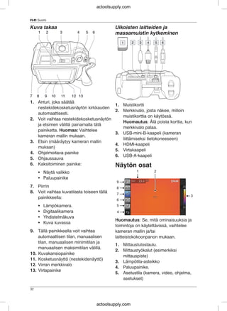 FI-FI Suomi
Kuva takaa Ulkoisten laitteiden ja
massamuistin kytkeminen
1. Anturi, joka säätää
1. Muistikortti
nestekidekosketusnäytön kirkkauden
2. Merkkivalo, josta näkee, milloin
automaattisesti.
muistikorttia on käytössä.
2. Voit vaihtaa nestekidekosketusnäytön
Huomautus: Älä poista korttia, kun
ja etsimen välillä painamalla tätä
merkkivalo palaa.
painiketta. Huomaa: Vaihtelee
3. USB-mini-B-kaapeli (kameran
kameran mallin mukaan.
liittämiseksi tietokoneeseen)
3. Etsin (määräytyy kameran mallin
4. HDMI-kaapeli
mukaan)
5. Virtakaapeli
4. Ohjelmoitava painike
6. USB-A-kaapeli
5. Ohjaussauva
6. Kaksitoiminen painike: Näytön osat
• Näytä valikko
• Paluupainike
7. Piirrin
8. Voit vaihtaa kuvatilasta toiseen tällä
painikkeella:
• Lämpökamera.
• Digitaalikamera
• Yhdistelmäkuva
Huomautus: Se, mitä ominaisuuksia ja
• Kuva kuvassa
toimintoja on käytettävissä, vaihtelee
9. Tällä painikkeella voit vaihtaa kameran mallin ja/tai
automaattisen tilan, manuaalisen laitteistokokoonpanon mukaan.
tilan, manuaalisen minimitilan ja
1. Mittaustulostaulu.
manuaalisen maksimitilan välillä.
2. Mittaustyökalut (esimerkiksi
10. Kuvakansiopainike
mittauspiste)
11. Kosketusnäyttö (nestekidenäyttö)
3. Lämpötila-asteikko
12. Virran merkkivalo
4. Paluupainike.
13. Virtapainike
5. Asetustila (kamera, video, ohjelma,
asetukset)
32
actoolsupply.com
actoolsupply.com
 