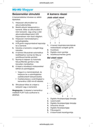 HU-HUHU-HU Magyar
Beüzemelési útmutató A kamera részei
A beüzemeléshez kövesse az alábbi Jobb oldali nézet
lépéseket:
1. Helyezzen akkumulátort az
akkumulátortartóba.
2. Mielőtt először bekapcsolná a
kamerát, töltse az akkumulátort 4
órán keresztül, vagy amíg a zöld
akkumulátorállapot-jelző LED
folyamatosan nem kezd világítani.
3. Helyezzen memóriakártyát a
kártyafoglalatba.
4. A gomb megnyomásával kapcsolja
1. A kereső dioptriakorrekciójánakbe a kamerát.
módosítására szolgáló gomb5. Irányítsa a kamerát a vizsgált tárgy
2. Csuklószíjirányába.
3. Digitális zoom gombja6. A kamera fókuszának automatikus
4. Autofókusz/mentés gombbeállításához nyomja be félig az
autofókusz/mentés gombot. Bal oldali nézet
7. Nyomja le teljesen az Automata
fókusz/Mentés gombot a kép
közvetlen mentéséhez.
8. A képet a következő módszerekkel
töltheti át számítógépre:
• Vegye ki a memóriakártyát, és
helyezze be a számítógéphez
csatlakoztatott kártyaolvasóba.
• Csatlakoztassa a számítógépet a
kamerához USB mini-B kábellel.
9. Áthúzással töltse át a képet a
kártyáról vagy a kameráról.
Megjegyzés: A képeket a kamerához
mellékelt FLIR Tools szoftverrel is
áttöltheti.
1. Digitális fényképezőgép lámpája
2. Lézermutató
3. Digitális fényképezőgép lámpája
4. Infravörös lencse
5. Digitális fényképezőgép
6. Fókuszgyűrű
7. A lézermutató kezelőgombja
39
actoolsupply.com
actoolsupply.com
 