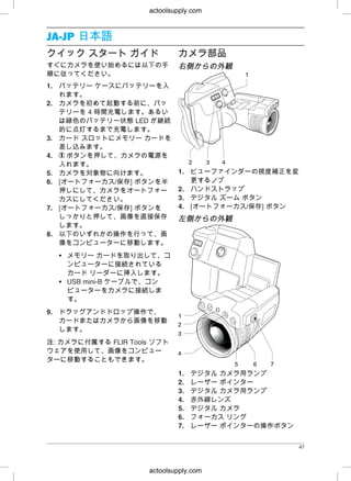 JA-JPJA-JP 日日本本語語
ククイイッックク ススタターートト ガガイイドド カカメメララ部部品品
すぐにカメラを使い始めるには以下の手 右右側側かかららのの外外観観
順に従ってください。
1. バッテリー ケースにバッテリーを入
れます。
2. カメラを初めて起動する前に、バッ
テリーを 4 時間充電します。あるい
は緑色のバッテリー状態 LED が継続
的に点灯するまで充電します。
3. カード スロットにメモリー カードを
差し込みます。
4. ボタンを押して、カメラの電源を
入れます。
1. ビューファインダーの視度補正を変5. カメラを対象物に向けます。
更するノブ6. [オートフォーカス/保存] ボタンを半
2. ハンドストラップ押しにして、カメラをオートフォー
3. デジタル ズーム ボタンカスにしてください。
4. [オートフォーカス/保存] ボタン7. [オートフォーカス/保存] ボタンを
しっかりと押して、画像を直接保存 左左側側かかららのの外外観観
します。
8. 以下のいずれかの操作を行って、画
像をコンピューターに移動します。
• メモリー カードを取り出して、コ
ンピューターに接続されている
カード リーダーに挿入します。
• USB mini-B ケーブルで、コン
ピューターをカメラに接続しま
す。
9. ドラッグアンドドロップ操作で、
カードまたはカメラから画像を移動
します。
注注: カメラに付属する FLIR Tools ソフト
ウェアを使用して、画像をコンピュー
ターに移動することもできます。
1. デジタル カメラ用ランプ
2. レーザー ポインター
3. デジタル カメラ用ランプ
4. 赤外線レンズ
5. デジタル カメラ
6. フォーカス リング
7. レーザー ポインターの操作ボタン
47
actoolsupply.com
actoolsupply.com
 