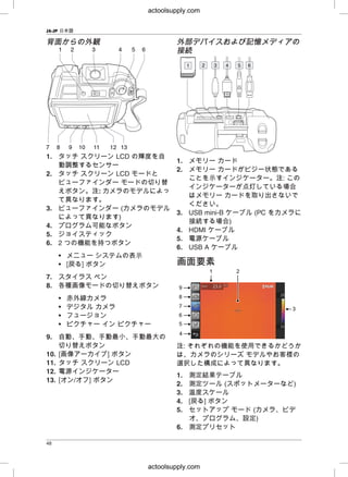 JA-JP 日本語
背背面面かかららのの外外観観 外外部部デデババイイススおおよよびび記記憶憶メメデディィアアのの
接接続続
1. タッチ スクリーン LCD の輝度を自
1. メモリー カード
動調整するセンサー
2. メモリー カードがビジー状態である
2. タッチ スクリーン LCD モードと
ことを示すインジケーター。注注: この
ビューファインダー モードの切り替
インジケーターが点灯している場合
えボタン。注注: カメラのモデルによっ
はメモリー カードを取り出さないで
て異なります。
ください。
3. ビューファインダー (カメラのモデル
3. USB mini-B ケーブル (PC をカメラに
によって異なります)
接続する場合)
4. プログラム可能なボタン
4. HDMI ケーブル
5. ジョイスティック
5. 電源ケーブル
6. 2 つの機能を持つボタン
6. USB A ケーブル
• メニュー システムの表示
画画面面要要素素• [戻る] ボタン
7. スタイラス ペン
8. 各種画像モードの切り替えボタン
• 赤外線カメラ
• デジタル カメラ
• フュージョン
• ピクチャー イン ピクチャー
9. 自動、手動、手動最小、手動最大の
切り替えボタン 注注: それぞれの機能を使用できるかどうか
10. [画像アーカイブ] ボタン は、カメラのシリーズ モデルやお客様の
11. タッチ スクリーン LCD 選択した構成によって異なります。
12. 電源インジケーター
1. 測定結果テーブル
13. [オン/オフ] ボタン
2. 測定ツール (スポットメーターなど)
3. 温度スケール
4. [戻る] ボタン
5. セットアップ モード (カメラ、ビデ
オ、プログラム、設定)
6. 測定プリセット
48
actoolsupply.com
actoolsupply.com
 