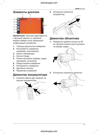 RU-RU Русский
2. Осторожно извлекитеЭлементы дисплея
аккумулятор.
Примечание. Наличие характеристик
и функций зависит от серийной Демонтаж объектива
модели камеры и/или заказанной
1. Поверните крайнее кольцо на 30°
конфигурации устройства.
по часовой стрелке (если смотреть
1. Таблица результатов измерения на камеру сзади).
2. Инструменты измерения
(например, экспозиметр)
3. Шкала температуры
4. Кнопка Назад.
5. Режим настройки (камера, видео,
программа, установки)
6. Предустановки измерения
7. Инструменты измерения
8. Цветовые палитры
9. Параметры измерения
2. Осторожно извлеките объектив.
Демонтаж аккумулятора
1. Сожмите вместе две защелки на
крышке аккумулятора.
73
actoolsupply.com
actoolsupply.com
 