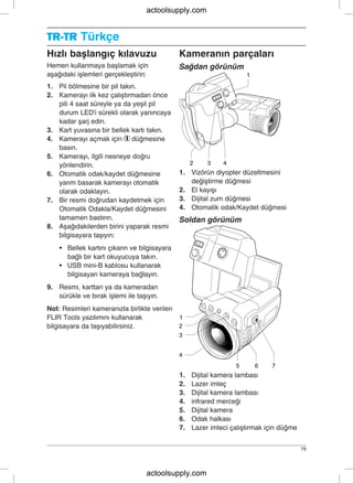 TR-TRTR-TR Türkçe
Hızlı başlangıç kılavuzu Kameranın parçaları
Hemen kullanmaya başlamak için Sağdan görünüm
aşağıdaki işlemleri gerçekleştirin:
1. Pil bölmesine bir pil takın.
2. Kamerayı ilk kez çalıştırmadan önce
pili 4 saat süreyle ya da yeşil pil
durum LED'i sürekli olarak yanıncaya
kadar şarj edin.
3. Kart yuvasına bir bellek kartı takın.
4. Kamerayı açmak için düğmesine
basın.
5. Kamerayı, ilgili nesneye doğru
yönlendirin.
1. Vizörün diyopter düzeltmesini6. Otomatik odak/kaydet düğmesine
değiştirme düğmesiyarım basarak kamerayı otomatik
2. El kayışıolarak odaklayın.
3. Dijital zum düğmesi7. Bir resmi doğrudan kaydetmek için
4. Otomatik odak/Kaydet düğmesiOtomatik Odakla/Kaydet düğmesini
tamamen bastırın. Soldan görünüm
8. Aşağıdakilerden birini yaparak resmi
bilgisayara taşıyın:
• Bellek kartını çıkarın ve bilgisayara
bağlı bir kart okuyucuya takın.
• USB mini-B kablosu kullanarak
bilgisayarı kameraya bağlayın.
9. Resmi, karttan ya da kameradan
sürükle ve bırak işlemi ile taşıyın.
Not: Resimleri kameranızla birlikte verilen
FLIR Tools yazılımını kullanarak
bilgisayara da taşıyabilirsiniz.
1. Dijital kamera lambası
2. Lazer imleç
3. Dijital kamera lambası
4. infrared merceği
5. Dijital kamera
6. Odak halkası
7. Lazer imleci çalıştırmak için düğme
79
actoolsupply.com
actoolsupply.com
 