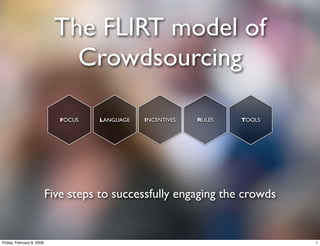 The FLIRT model of
                              Crowdsourcing

                              FOCUS   LANGUAGE   INCENTIVES   RULES   TOOLS




                           Five steps to successfully engaging the crowds


Friday, February 8, 2008                                                      1
