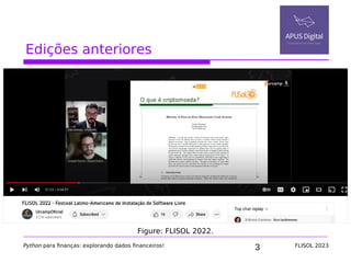 3
Edições anteriores
Below you will find information on my 3 most presentations
about Bitcoin.
Python para finanças: explorando dados financeiros! FLISOL 2023
Figure: FLISOL 2022.
 