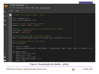 33
Python na área financeira
Python para finanças: explorando dados financeiros! FLISOL 2023
Figura: Visualização de dados - plotly.
 