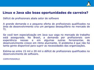 Linux e Java são boas oportunidades de carreira?
Déficit de profissionais abala setor de software

A grande demanda e a pequena oferta de profissionais qualificados na
área de desenvolvimento cria um perigoso desequilíbrio no mercado de
TI.

Se você tem especialização em Java sua vaga no mercado de trabalho
está assegurada. No Brasil, a demanda por profissionais com
experiência   nessas    e   em     algumas    outras   ferramentas   de
desenvolvimento cresce em ritmo alucinante. O problema é que não há
tanta gente disponível para suprir as necessidades das organizações.

Estima-se entre 15 mil e 20 mil o déficit de profissionais qualificados no
desenvolvimento de software.

COMPUTERWORLD
 