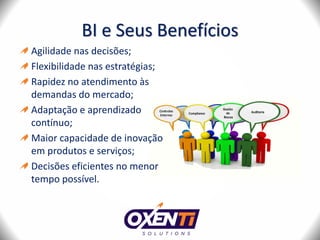 BI e Seus Benefícios
Agilidade nas decisões;
Flexibilidade nas estratégias;
Rapidez no atendimento às
demandas do mercado;
Adaptação e aprendizado
contínuo;
Maior capacidade de inovação
em produtos e serviços;
Decisões eficientes no menor
tempo possível.
 