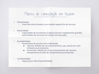 Pilares da Computação em Nuvem
▧ Flexibilidade:
○ Você não está limitado á um modelo específico de recurso;
▧ Elasticidade:
○ Capacidade de provisionar e desprovisionar rapidamente grandes
quantidades de recursos em tempo de execução;
▧ Escalabilidade:
○ Dimensione de acordo com a demanda;
■ Vertical: Adição de recursos (memória, cpu, disco) em uma
infraestrutura existente;
■ Horizontal: Adição de novos componentes de maneira
transparente ao lado de componentes já existentes.
▧ Confiabilidade:
○ Segurança e Alta Disponibilidade.
 