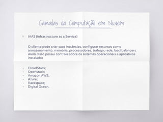 Camadas da Computação em Nuvem
▧ IAAS (Infrastructure as a Service)
O cliente pode criar suas instâncias, configurar recursos como
armazenamento, memória, processadores, tráfego, rede, load balancers.
Além disso possui controle sobre os sistemas operacionais e aplicativos
instalados
- CloudStack;
- Openstack;
- Amazon AWS;
- Azure;
- Rackspace;
- Digital Ocean.
 
