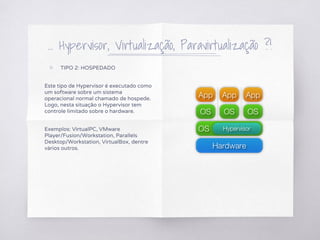… Hypervisor, Virtualização, Paravirtualização ?!
▧ TIPO 2: HOSPEDADO
Este tipo de Hypervisor é executado como
um software sobre um sistema
operacional normal chamado de hospede.
Logo, nesta situação o Hypervisor tem
controle limitado sobre o hardware.
Exemplos: VirtualPC, VMware
Player/Fusion/Workstation, Parallels
Desktop/Workstation, VirtualBox, dentre
vários outros.
 