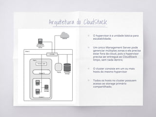 Arquitetura do CloudStack
▧ O hypervisor é a unidade básica para
escalabilidade;
▧ Um único Management Server pode
gerenciar múltiplas zonas e ele precisa
estar fora da cloud, pois o hypervisor
precisa ser entregue ao CloudStack
limpo, sem nada dentro;
▧ O cluster consiste em um ou mais
hosts do mesmo hypervisor
▧ Todos os hosts no cluster possuem
acesso ao storage primário
compartilhado;
 