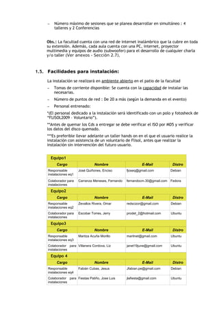 –    Número máximo de sesiones que se planea desarrollar en simultáneo : 4
          talleres y 2 Conferencias


    Obs.: La facultad cuenta con una red de internet inalámbrico que la cubre en toda
    su extensión. Además, cada aula cuenta con una PC, internet, proyector
    multimedia y equipos de audio (subwoofer) para el desarrollo de cualquier charla
    y/o taller (Ver anexos - Sección 2.7),



1.5. Facilidades para instalación:

    La instalación se realizará en ambiente abierto en el patio de la facultad
    –     Tomas de corriente disponible: Se cuenta con la capacidad de instalar las
          necesarias.
    –     Número de puntos de red : De 20 a más (según la demanda en el evento)
    –     Personal entrenado:
    *(El personal dedicado a la instalación será identificado con un polo y fotosheck de
    “FLISOL2009 – Voluntario”).
    **Antes de quemar los Cds a entregar se debe verificar el ISO por MD5 y verificar
    los datos del disco quemado.
    ***Es preferible llevar adelante un taller hands on en el que el usuario realice la
    instalación con asistencia de un voluntario de Flisol, antes que realizar la
    instalación sin intervención del futuro usuario.


         Equipo1
           Cargo                   Nombre                      E-Mail            Distro
     Responsable         José Quiñones, Enciso        fjoseq@gmail.com          Debian
     instalaciones eq1
     Colaborador para    Carranza Meneses, Fernando   fernandocm.30@gmail.com   Fedora
     instalaciones
         Equipo2
           Cargo                   Nombre                      E-Mail            Distro
     Responsable         Zevallos Rivera, Omar        redscizor@gmail.com       Debian
     instalaciones eq2
     Colaborador para    Escobar Torres, Jerry        prodet_2@hotmail.com      Ubuntu
     instalaciones
         Equipo3
           Cargo                   Nombre                      E-Mail            Distro
     Responsable         Maritza Acuña Morillo        maritnet@gmail.com        Ubuntu
     instalaciones eq3
     Colaborador para Villanera Cordova, Liz          janet19june@gmail.com     Ubuntu
     instalaciones
         Equipo 4
           Cargo                   Nombre                      E-Mail            Distro
     Responsable         Fabián Cubas, Jesus          Jfabian.pe@gmail.com      Debian
     instalaciones eq4
     Colaborador para Fiestas Patiño, Jose Luis       jlafiesta@gmail.com       Ubuntu
     instalaciones
 