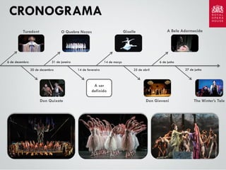 CRONOGRAMA
Turadont

6 de dezembro

31 de janeiro
20 de dezembro

A Bela Adormecida

Giselle

O Quebra Nozes

14 de março
14 de fevereiro

6 de junho
25 de abril

27 de junho

A ser
definido
Don Quixote

Don Giovani

The Winter’s Tale

 