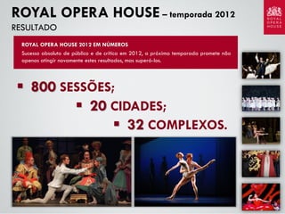 ROYAL OPERA HOUSE – temporada 2012
RESULTADO
ROYAL OPERA HOUSE 2012 EM NÚMEROS
Sucesso absoluto de público e de crítica em 2012, a próxima temporada promete não
apenas atingir novamente estes resultados, mas superá-los.

 800 SESSÕES;
 20 CIDADES;
 32 COMPLEXOS.

 