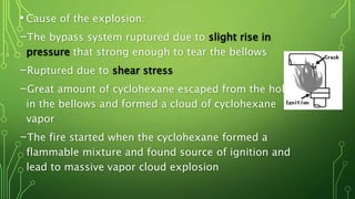 • Cause of the explosion:
-The bypass system ruptured due to slight rise in
pressure that strong enough to tear the bellows
-Ruptured due to shear stress
-Great amount of cyclohexane escaped from the holes
in the bellows and formed a cloud of cyclohexane
vapor
-The fire started when the cyclohexane formed a
flammable mixture and found source of ignition and
lead to massive vapor cloud explosion
 