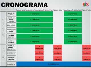 CRONOGRAMA
SEMANA 26/04 SEMANA 03/05 SEMANA 10/05 SEMANA 17/05 SEMANA 24/05 SEMANA 07/06 SEMANA 14/06 SEMANA 21/06
BANNER NO
HALL
VINHETA NO
DIGITAL
SIGNAGE
SUPER BANNER
POSTERCASE OU
DISPLAY
FLYER NA
BILHETERIA
TRAILER DO
CONTEÚDO
BANNER NA
ENTRADA E
SAÍDA DA SALA
15
COMPLEXOS
15
COMPLEXOS
15
COMPLEXOS
COMERCIAL 30"
15
COMPLEXOS
15
COMPLEXOS
15
COMPLEXOS
VINHETA DE
ABERTURA
15
COMPLEXOS
15
COMPLEXOS
15
COMPLEXOS
COMERCIAL 30"
S
E
S
S
Ã
O
20 CINE-SEMANAS
15 COMPLEXOS
15 COMPLEXOS
15 COMPLEXOS
D
I
V
U
L
G
A
Ç
Ã
O
15 COMPLEXOS 15 COMPLEXOS
14 COMPLEXOS 14 COMPLEXOS
15 COMPLEXOS
15 COMPLEXOS
15 COMPLEXOS
15 COMPLEXOS
15 COMPLEXOS
 