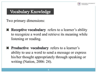 6Vocabulary KnowledgeTwo primary dimensions:Receptive vocabularyrefers to a learner’s ability to recognize a word and retrieve its meaning while listening or reading.Productive  vocabulary  refers to a learner’s ability to use a word to send a message or express his/her thought appropriately through speaking or writing (Nation, 2006: 24).  