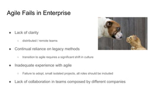 Agile Fails in Enterprise
● Lack of clarity
○ distributed / remote teams
● Continual reliance on legacy methods
○ transition to agile requires a significant shift in culture
● Inadequate experience with agile
○ Failure to adopt, small isolated projects, all roles should be included
● Lack of collaboration in teams composed by different companies
 