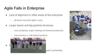 Agile Fails in Enterprise
● Lack of alignment in other areas of the enterprise
○ all teams must work agile or none
● Larger teams and big pyramid structures
○ more complexity, larger meetings and lowered productivity.
○ many bosses v.s. self organizing teams
○ two-pizzas team
● Not changing the objectives
○ measuring plan instead of change, adaption and flexibility
 