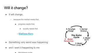 Will it change?
● It will change,
○ because the market needs that,
■ progress needs that,
● society needs that.
- Matthew Kern
● Something very weird was happening
● and i want it happening to me
 