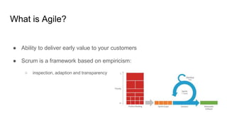 What is Agile?
● Ability to deliver early value to your customers
● Scrum is a framework based on empiricism:
○ inspection, adaption and transparency
 
