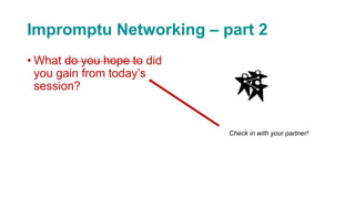 Impromptu Networking – part 2
• What do you hope to did
you gain from today’s
session?
Check in with your partner!
 