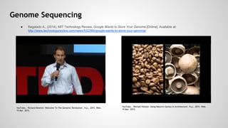 Genome Sequencing
YouTube,. 'Richard Resnick: Welcome To The Genomic Revolution'. N.p., 2015. Web.
19 Mar. 2015.
YouTube,....