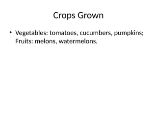 Crops Grown
• Vegetables: tomatoes, cucumbers, pumpkins;
Fruits: melons, watermelons.
 