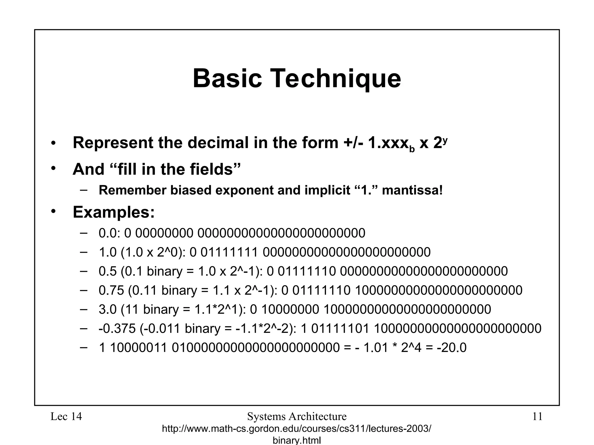 Lec 14 Systems Architecture 11
Basic Technique
• Represent the decimal in the form +/- 1.xxxb x 2y
• And “fill in the fields”
– Remember biased exponent and implicit “1.” mantissa!
• Examples:
– 0.0: 0 00000000 00000000000000000000000
– 1.0 (1.0 x 2^0): 0 01111111 00000000000000000000000
– 0.5 (0.1 binary = 1.0 x 2^-1): 0 01111110 00000000000000000000000
– 0.75 (0.11 binary = 1.1 x 2^-1): 0 01111110 10000000000000000000000
– 3.0 (11 binary = 1.1*2^1): 0 10000000 10000000000000000000000
– -0.375 (-0.011 binary = -1.1*2^-2): 1 01111101 10000000000000000000000
– 1 10000011 01000000000000000000000 = - 1.01 * 2^4 = -20.0
http://www.math-cs.gordon.edu/courses/cs311/lectures-2003/
binary.html
 