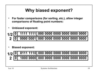 Lec 14 Systems Architecture 10
Why biased exponent?
• For faster comparisons (for sorting, etc.), allow integer
comparisons of floating point numbers:
• Unbiased exponent:
• Biased exponent:
0 1111 1111 000 0000 0000 0000 0000 0000
0 0000 0001 000 0000 0000 0000 0000 0000
1/2
2
0 0111 1110 000 0000 0000 0000 0000 0000
0 1000 0000 000 0000 0000 0000 0000 0000
1/2
2
 