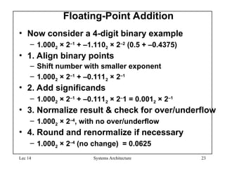 Lec 14 Systems Architecture 23
Floating-Point Addition
• Now consider a 4-digit binary example
– 1.0002 × 2–1
+ –1.1102 × 2–2
(0.5 + –0.4375)
• 1. Align binary points
– Shift number with smaller exponent
– 1.0002 × 2–1
+ –0.1112 × 2–1
• 2. Add significands
– 1.0002 × 2–1
+ –0.1112 × 2–
1 = 0.0012 × 2–1
• 3. Normalize result & check for over/underflow
– 1.0002 × 2–4
, with no over/underflow
• 4. Round and renormalize if necessary
– 1.0002 × 2–4
(no change) = 0.0625
 